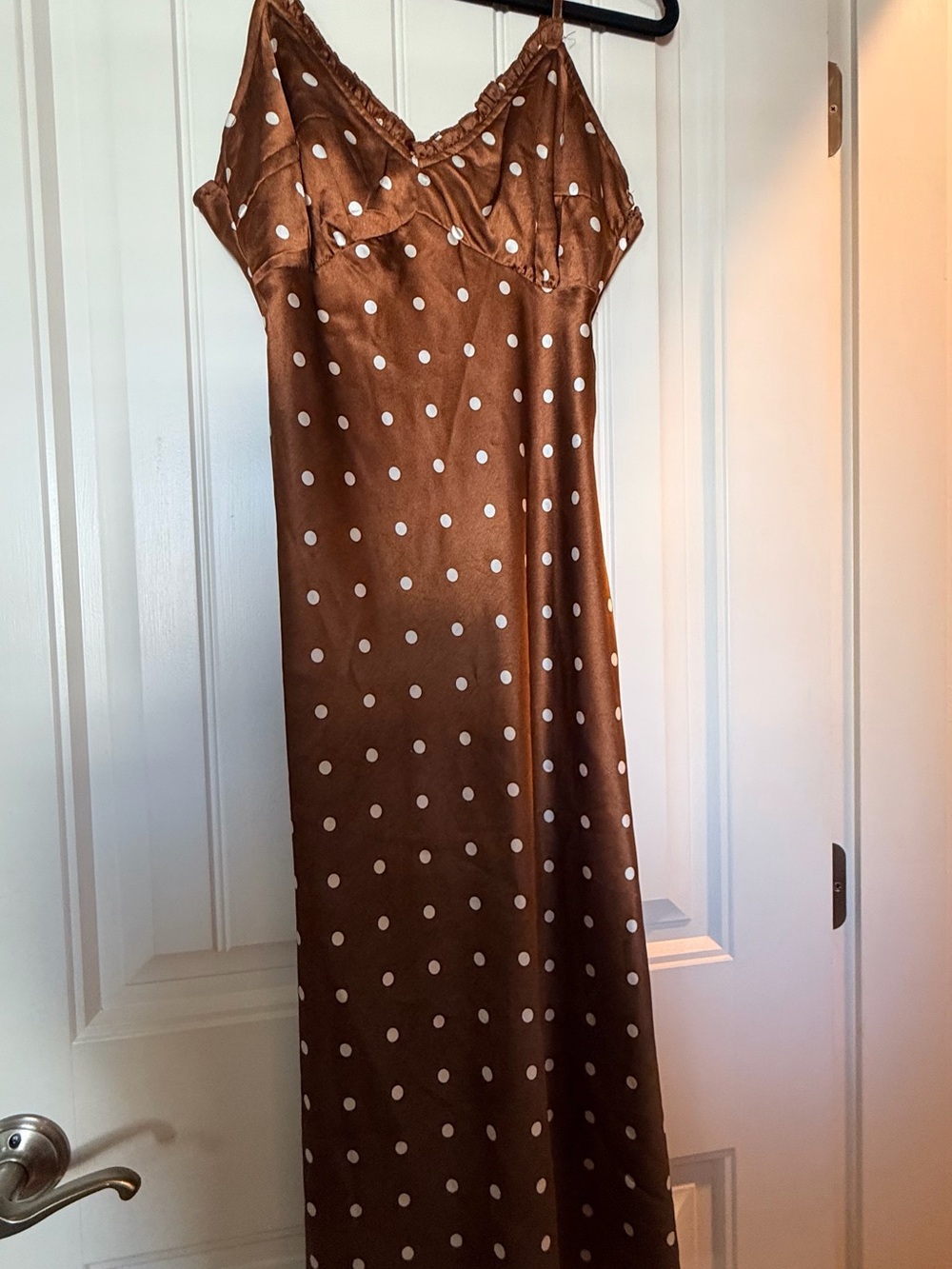 Polka Dot Satin Midi Slip Dress in Brown
